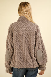 Fuzzy Fleece Half Zip Cable Pattern Sweatshirt Very J
